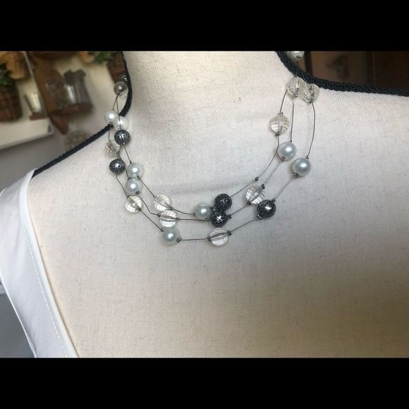 Floating beads on wire clear, gray, white, 16 1/2 in. necklace - Picture 4 of 11